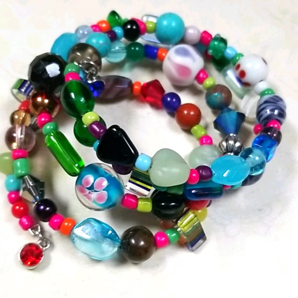 Hand Crafted Vintage Glass and Turquoise and Semi-precious Bead Wrap Bracelet - Picture 10 of 16